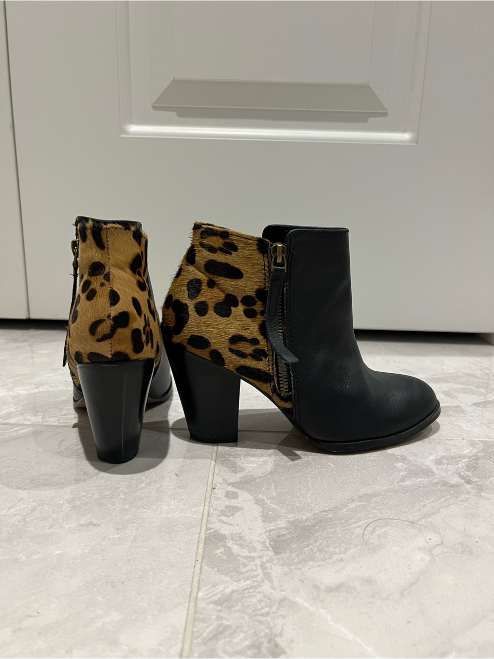 Aldo Black Leather and Leopard-Print Ankle Booties